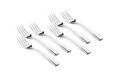 Six matching dinner forks with sleek, slightly curved handles displayed on a white background.